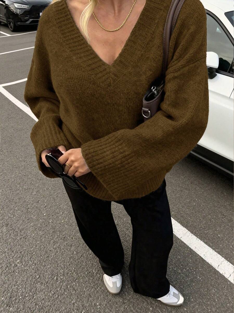 秋冬棕色V領毛衣,復古風寬鬆舒適針織套頭衫,日常穿著時尚休閒優雅上衣服飾系列 - 暖棕色 - 查看 1