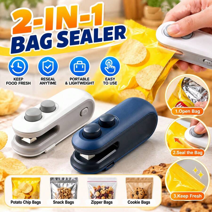 Sellador de bolsas de aperitivos compacto, sellador de bolsas recargable 2 en 1 con cuchillo de corte integrado, herramienta de resellado de bolsas de plástico, conserva la frescura de los alimentos, mini sellador con cuchilla, máquina de sellado térmico, sellador de almacenamiento de alimentos con carga USB