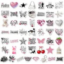 50pcs Y2K Pink & Silver Sweet Style Sticker Pack, Cute Girly Decorative Stickers With Butterfly, Cherry, Diamond, Heart, Star, Fashion Quotes Patterns, Suitable For Planner, Laptop, Water Bottle, Phone Case, Scrapbook Decoration - Multicolor - View 5