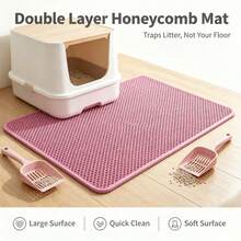 1pc Honeycomb Double Layer Cat Litter Mat, Waterproof Urine-Proof Litter Trapping Mat, Non-Slip Washable Floor Protector Pad For Cat Litter Box, Soft Durable Pet Cat Accessory - Pink - View 3