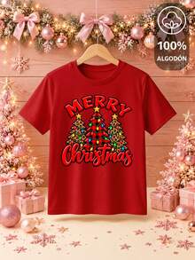 Camiseta para Niña de 4 a 12 años, 100% Algodón Manga Corta Cuello Redondo con Estampado de tres arboles verdes y rojo navideñas, festividades , Diciembre México - Rojo - Ver 2
