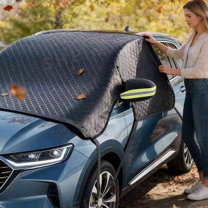 Car Windshield Snow Cover, Oxford Fabric Frost Ice Snow Sun Dust Protection Cover, Waterproof Windshield Cover With Rearview Mirror Pocket And Reflective Strip, Foldable Winter Car Front Window Half Cover Car Accessory
