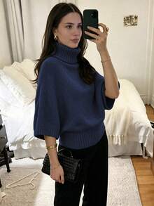 Women's Casual Autumn/Winter Solid Gray High Neck Batwing Sleeve Knit Top, Waist-Flattering Textured Pullover, Daily Commute Office Outfit - Navy Blue - View 8