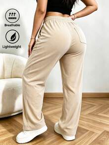 Beige Women's Soft Corduroy Wide Leg Loose Long Pants, Lightweight Autumn/Winter Style, Elastic Drawstring Waist, Side Pockets - Apricot - View 3