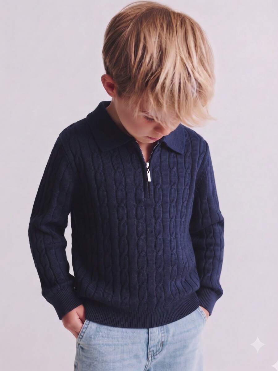 Boys' White Collared Half-Zip Long Sleeve Knit Sweater With 3D Cable Knit Pattern, Minimalist Preppy Casual Versatile Pullover, Suitable For School Daily Wear In Spring, Autumn And Winter - Navy Blue - View 1