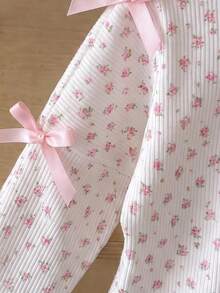 Baby Girl Floral Ribbed Mock Neck Top + Flare Pants 2 Pieces Set, Bow Sweet Outfit - White - View 6