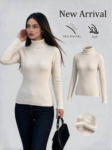 Vuslat Women's Elegant Slim Fit Turtleneck Solid Color Pullover Sweater, Inner Layer Long Sleeve Knit Pullover, Commute Christmas - Apricot - View 3
