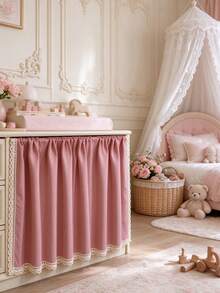 1PC Raspberry Pink Lace Trim Table Skirt, French Rococo Style, For Restaurant, Washstand, Cabinet, Home Dining, Holiday Party, Clutter Cover Curtain - Pink - View 4