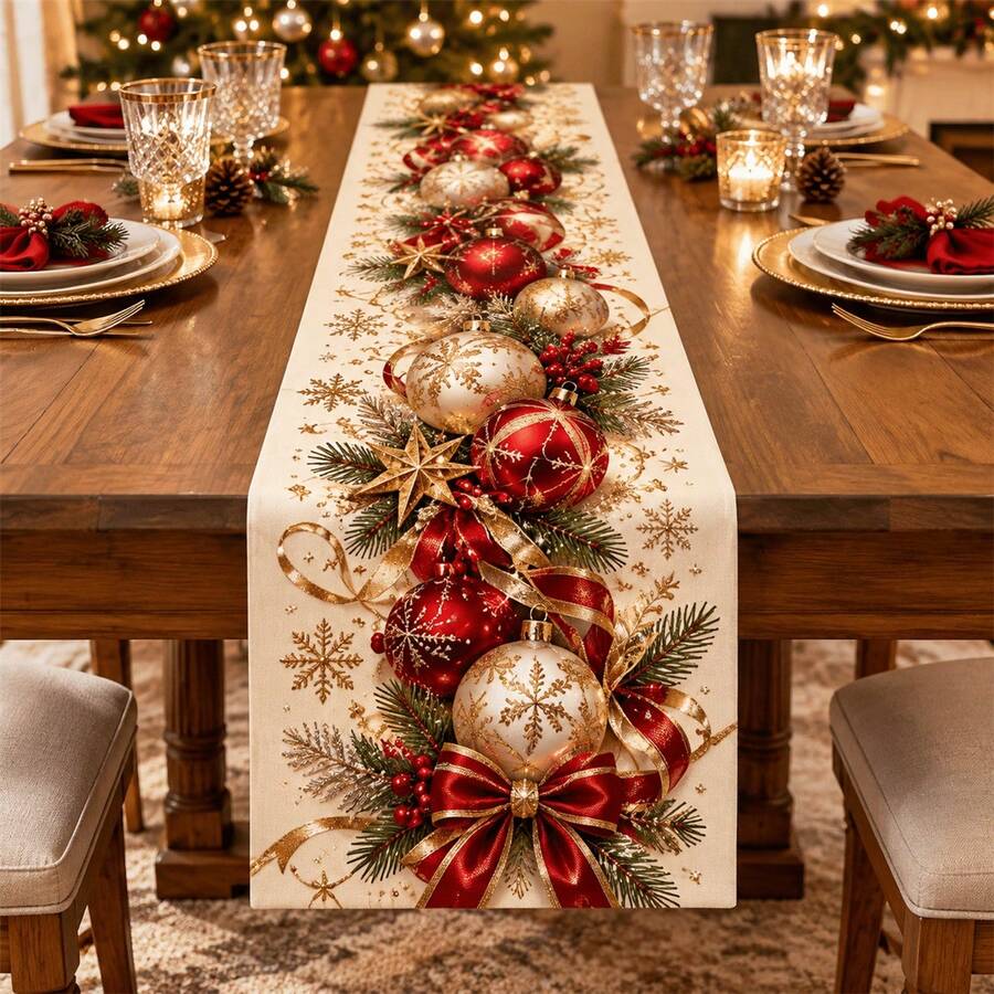 1 cái khăn trải bàn chạy dọc chủ đề Giáng Sinh đỏ và vàng bằng polyester, họa tiết quả cầu Giáng Sinh, nơ, bông tuyết và cành thông, phong cách sang trọng, trang trí bàn ăn, phù hợp cho tiệc tùng, họp mặt gia đình, yến tiệc ngày lễ, trang trí mặt bàn bếp và phòng ăn - Nhiều màu - Xem 1