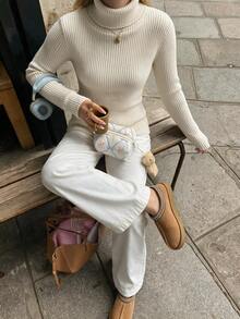 Vuslat Women's Elegant Slim Fit Turtleneck Solid Color Pullover Sweater, Inner Layer Long Sleeve Knit Pullover, Commute Christmas - Apricot - View 5