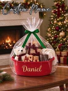 Customized Name Christmas Gift Basket, Customized Name Gift Set, Christmas Gift Packaging (Transparent Bag & Ribbon), Corduroy "Christmas Eve" Gift Basket, Foldable Storage Basket With Handle, Christmas Decoration - Multicolor - View 6