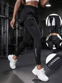 Women's 2-In-1 Quick-Dry Running Leggings With Anti-Chafe Skirt Overlay, Back Waist Towel Loop, Suitable For Running And Fitness Training - Black - View 7