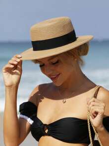 1pc Women Two Tone Boho Straw Hat For Outdoor Travel Valentine's Day Valentines - Khaki - View 14