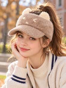 1pc Cute Plush Cat Ear Open Top Hat, Sweet Girly Style, Can Tie High Ponytail, Baseball Cap, Versatile Ponytail Baseball Cap For Autumn/Winter - Cat Design - View 3