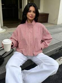 DEEKA 春夏新款女式歐美風時尚極簡立領長袖格紋夾克輕便外套 - 粉色格紋 - 查看 2