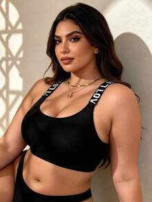 Plus Size Women's Sports Bra, Black & White Letter Tape Seamless Racerback Full Coverage Bra - Black - View 1