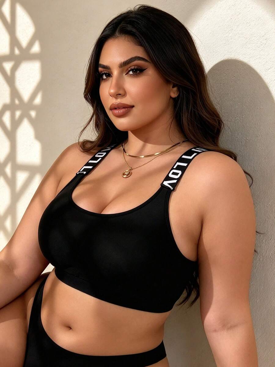 Plus Size Women's Sports Bra, Black & White Letter Tape Seamless Racerback Full Coverage Bra - Black - View 1