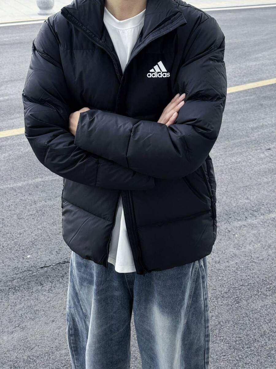 Adidas Men's Outdoor Windproof Embroidered Thickened Warm Stand Collar Duck Down Jacket - Black - View 1