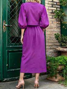 Women's Spring/Autumn Elegant Fashion Solid Color Round Neck Lantern Sleeve Top With Front Slit Pocket Skirt Set - Violet Purple - View 2