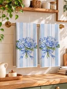 2pcs Minimalist Daily Blue Striped Hydrangea Pattern Kitchen Towels, Soft Polyester Material Dish Cloths, Suitable For Kitchen Decor, Kitchen Cleaning, Holiday Party Decoration, Kitchen & Bathroom Supplies Home Essentials, Home Decor, Housewarming Gift - Multicolor - View 2
