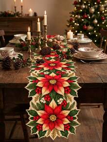 1pc Christmas Linen Table Runner, Red And Champagne Gold Poinsettia, Holly Leaf And Berry Print, Floral Cutout Shape, Vintage Dining Table Centerpiece For Coffee Table, Holiday Dinner And Party Decor - C - View 13