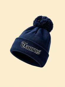 1pc Gothic Style Unisex Solid Color Knit Beanie With 12 Zodiac Print,Fashion Street Ski Hat, Warm Versatile Winter Cap, Loose Fit, Zodiac Print Beanie - Navy Blue - View 12