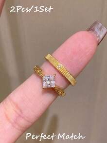 rundraw 2pcs New Geometric Star Zirconia Copper Gold Adjustable Rings, Luxury Fashion Accessories Suitable For Party, Daily Outfit - Gold - View 1