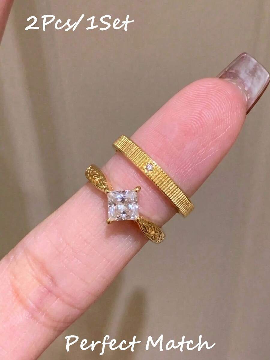 rundraw 2pcs New Geometric Star Zirconia Copper Gold Adjustable Rings, Luxury Fashion Accessories Suitable For Party, Daily Outfit - Gold - View 1