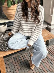 Plus Size Women's Fashion Striped Colorblock Button Knit Cardigan - Khaki - View 9