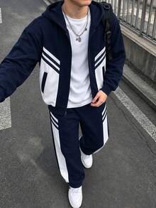 2pcs/Set Setelan Hoodie Sweatshirt dan Celana Jogger Warna Kontras Kasual untuk Anak Laki-laki, Musim Semi/Musim Gugur - Navy Blue - View 10