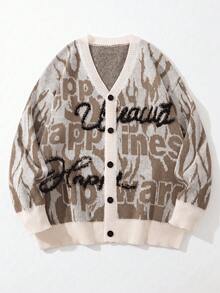 ANDREILEE Men's Spring Autumn Winter Street Style American Personalized Letter Print Long Sleeve V-Neck Casual Versatile Loose Fit Knit Cardigan - Apricot - View 9
