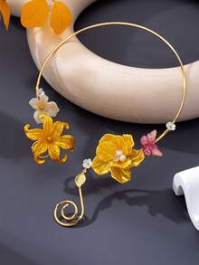 1pc Soft Pink Gradient Floral Asymmetric Butterfly Flower Spiral Open Neck Collar Niche Vacation Clavicle Necklace - Flower Collar - View 4