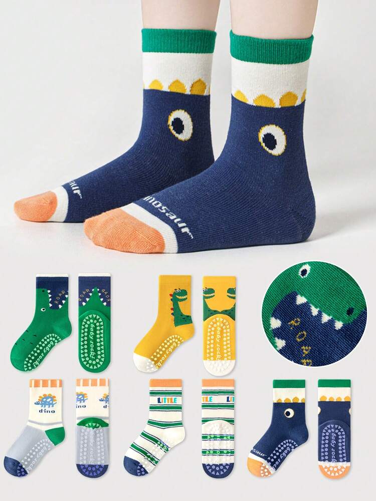 5 Pairs Kids Floor Socks, Letter Stripe & Cartoon Big Eye Dinosaur Pattern, Soft Sole, Non-Slip, Mid-Calf Indoor Socks For Boys, Girls, Toddlers And Babies - Multicolor - View 9