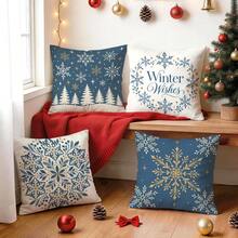 4pcs/1pc Christmas Blue & Gold Snowflake Pine Tree Pattern Pillow Case, Single-Sided Printed Pillow Cover, Suitable For Living Room, Bedroom, Home Decor, All Season Pillow Case - Multicolor - View 10