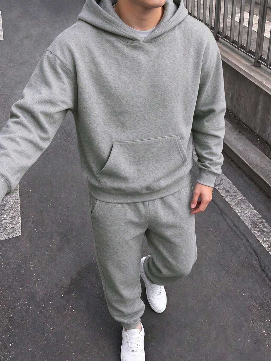 2件組男孩休閒抓絨連帽衛衣與慢跑長褲套裝,適合秋冬旅行與居家穿著 - 淺灰色 - 查看 1