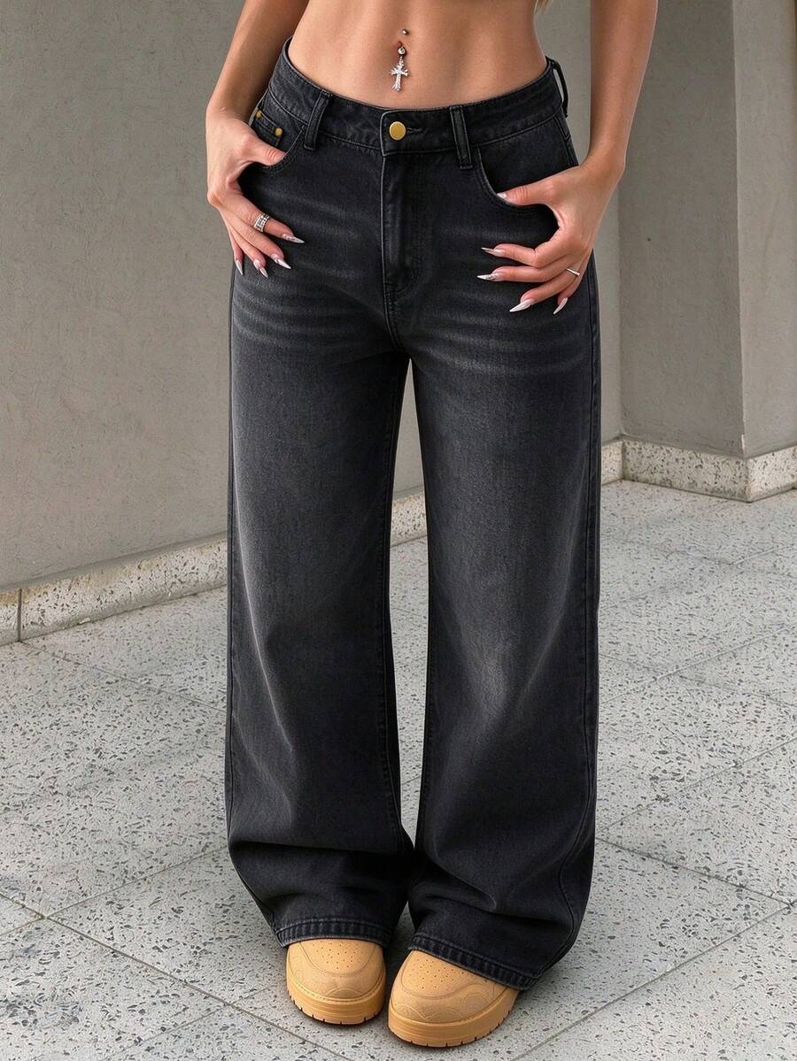 Women's Casual Wide Leg Denim Jeans, Long, Non-Stretch, With Button And Zipper Details, Fashionable Loose Fit, With Pockets - Black - View 1