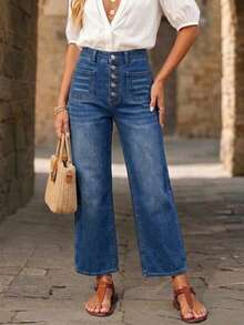 New Women's Loose Elastic Waist Denim Capri Pants Casual Spring Fall - Light Wash - View 2