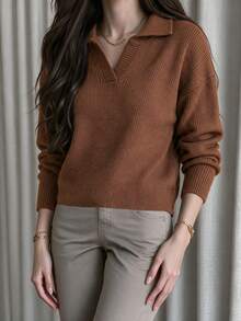 Brown Polo Collar V-Neck Split Short Knit Sweater, Drop Shoulder Long Sleeve Solid Color Casual Pullover, Women's - Coffee - View 4