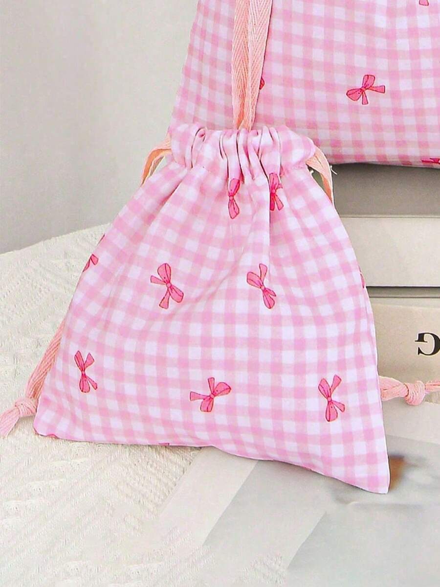 1pc/Set Cute Pink Bow Print Travel Skincare Drawstring Storage Bag ...