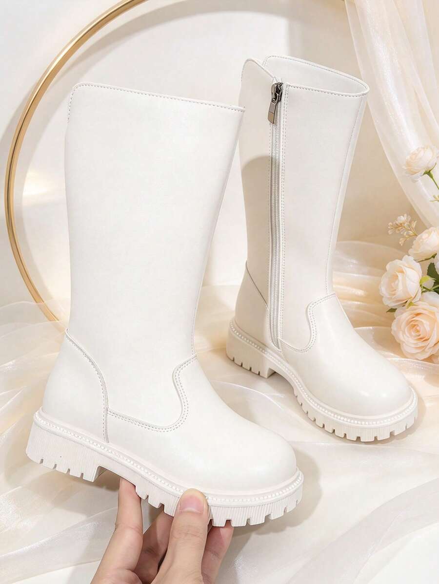 1 Pair White Tall Chelsea Boots, Soft PU + Round Toe Elastic Thick Sole, Inner Zipper Design, Fashion Minimalist Princess Style, Tall Boots, Suitable For Daily Campus, Holiday, Party