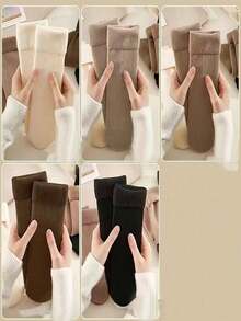1/3/5/10 Pairs Women's Thick Vertical Striped Snow Socks, Warm Fleece Lining, Mid-Calf Length, Solid Color, Polyester Knit, Hand Wash Only, Suitable For Outdoor And Daily Wear, Winter Sports Skiing Socks - Multicolor - View 3