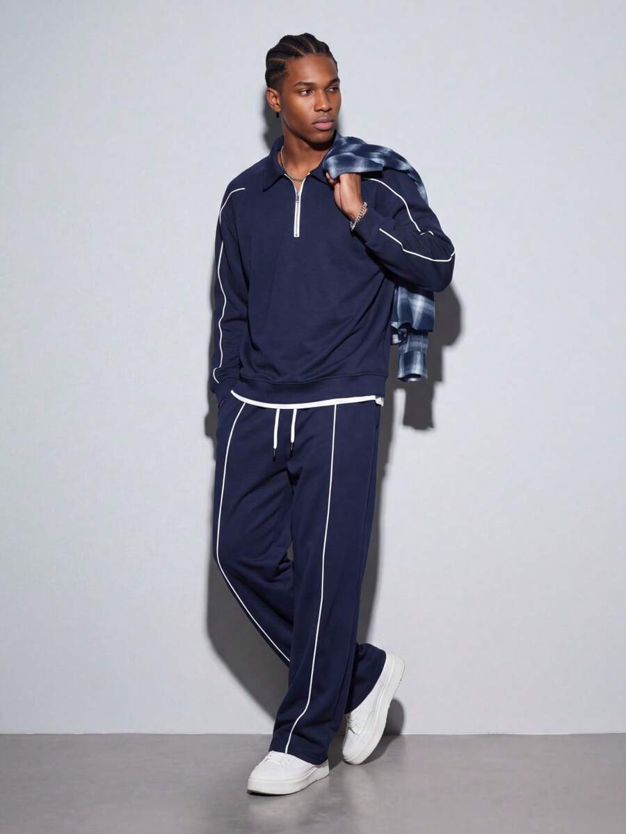 Modcrash Kolrap Men's Quarter Zip Polo Sweatshirt & Track Pants Set, Piping Trim 2 Pieces Tracksuit, Autumn Casual Outfit Long Sleeve Fall/Winter - Navy Blue - View 1