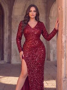 Faeriesty Plus Size Fashion Party Sequin Dress - Burgundy - View 3
