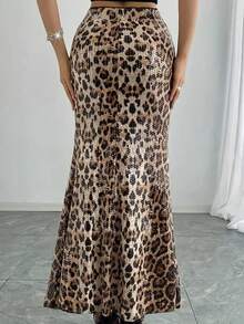 Women's Minimalist Bold Avant-Garde Leopard Print Sequin Skirt For Party Beach Vacation - Brown - View 2