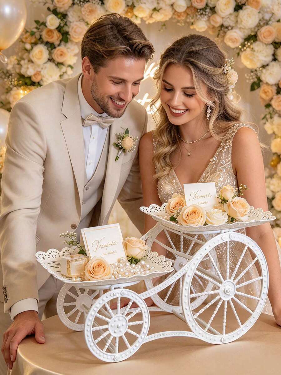 Kệ trưng bày hai tầng kiểu xe đẩy, phù hợp cho tiệc cưới và lưu trữ quà tặng; kệ trưng bày bàn tiệc cưới, khay phục vụ tiệc cưới, giá trang trí kỷ niệm, khay tiệc sinh nhật, trang trí tiệc trà chiều - Nhiều màu - Xem 1