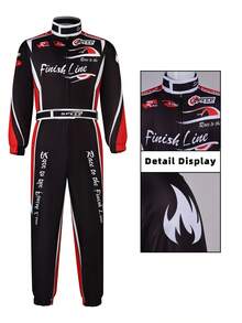 Black & Red Contrast Racing Theme Jumpsuit, Personalized Print Motorcycle Style Long Sleeve Set, Unisex Halloween Cosplay Racing Driver Costume, Zipper Waist Cinched Cuffed Performance Outfit, Carnival Theme Party Role Play Atmosphere Outfit - Multicolor - View 6