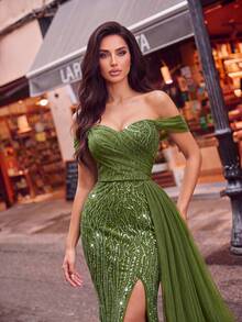 Gaun Panjang Duyung Elegan dengan Bahu Terbuka, Hiasan Manik-manik di Seluruh Tubuh, Belahan Tinggi, Potongan Ramping, Cocok untuk Pesta Malam Formal - Olive Green - View 3