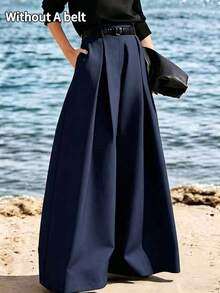 Fashionable High-End Loose Pleated Wide Leg Pants Autumn Professional Office Halloween Christmas Luxury - Navy Blue - View 2