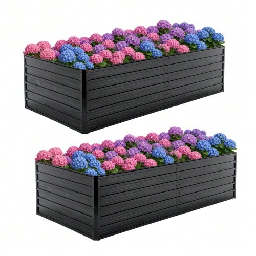 حوض حديقة معدني مرتفع كبير، صندوق زراعة 219x112x64 سم بقاعدة مفتوحة، طقم حوض زهور من الفولاذ شديد التحمل، مقاوم للطقس والصدأ للخضروات والأعشاب والزهور والفناء - أسود - مشاهدة 1