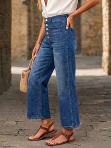 New Women's Loose Elastic Waist Denim Capri Pants Casual Spring Fall - Light Wash - View 4